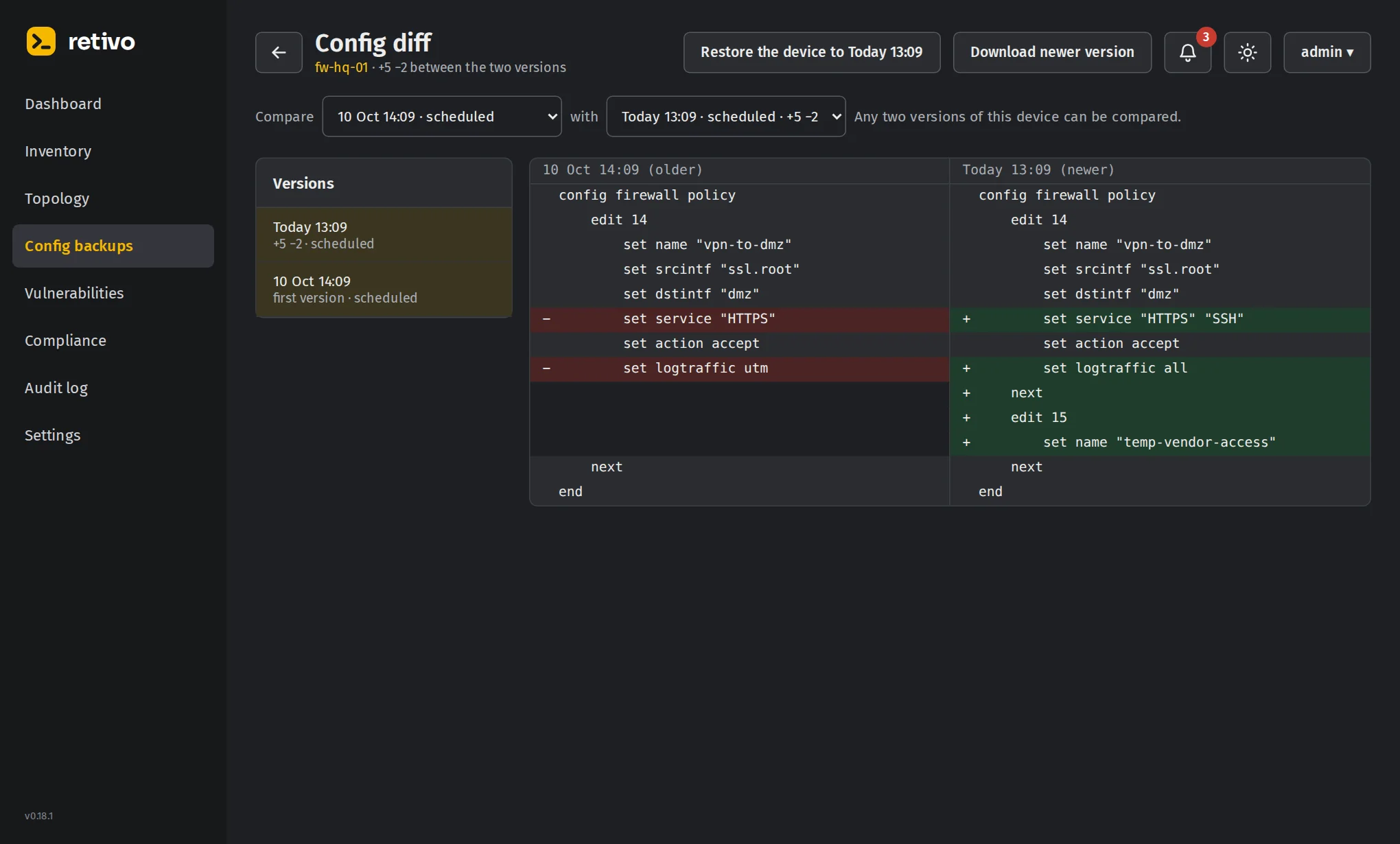 Side by side comparison of two config versions with removed and added lines